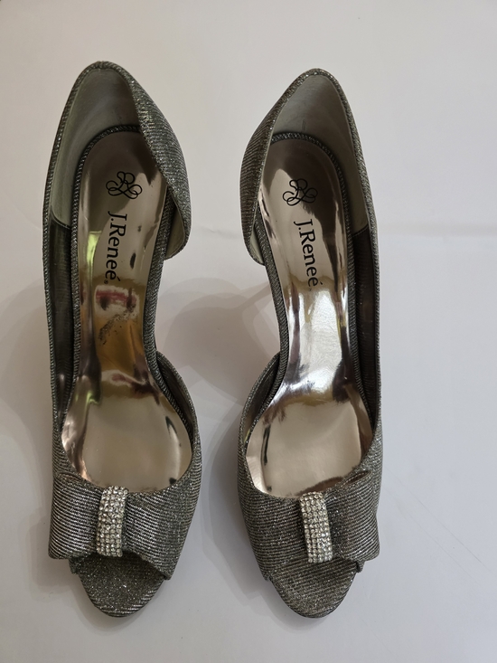 J.Renee Shoes - J.Renee Silver Glitter Peep-Toe Heels with Bow Accent